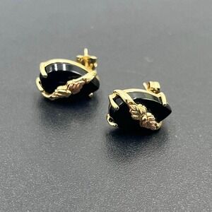 Black Hills Gold C. Co 14k Vintage Onyx Leaf Vine Estate 10k Stud Earrings 14k